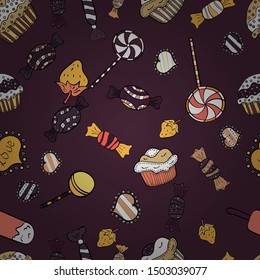 Sweet for textile, cards, web design: delicious realistic seamles background: graphic fantastic candy. Vector seamless pattern with candy in white, brown and black.