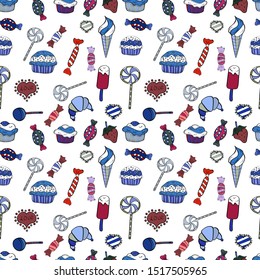Sweet for textile, cards, web design: delicious realistic seamles background: graphic fantastic candy. Vector seamless pattern with candy in blue, black and white.