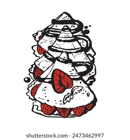 Sweet thin Crepes with syrup and strawberries. View from above. Vector illustration on a white background. Russian pancakes or French crepes sketch. A picture for a restaurant menu, packaging, cafe.