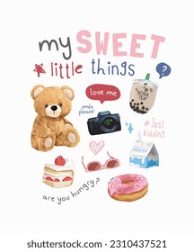 slogan de cosas dulces con muñeca linda y postres elementos vectorial ilustración