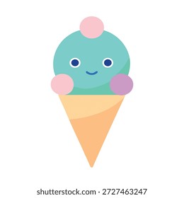 Dulce cono de helado tridimensional con cucharadas de pastel sonriendo aislado sobre fondo blanco