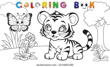 Sweet tiger cub with butterfly, jungle scene coloring book