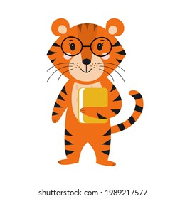 Sweet tiger with glasses and a book in his hands. The concept of the beginning of studies, knowledge day. Year of the tiger. Symbol of 2022. Flat vector illustration. Cartoon style.