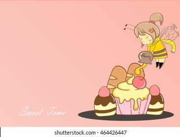 sweet time concept. cute bee girl pour honey cartoon vector
