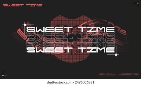 Sweet Time Futuristic Bold Typography Art with Opened Mouth in Screentone effect, Brutalism Red wan White Flat Artwork in Black Background