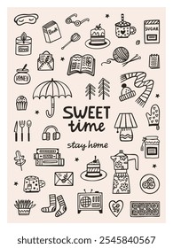 Sweet time hygge cozy graphic poster 3x4. Hand drawn vector set of cozy time illustrations. Interior, books, comfy clothes, cake, tea, hot drink, plant and lettering quotes.