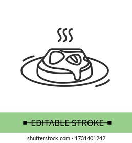 Sweet toast line icon .Toasted bread with peanut butter and strawberries on a plate.Vegan sandwich.Homemade recipe.Isolated linear vector food illustration.Editable stroke

