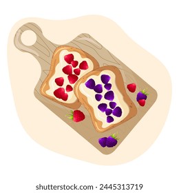 Sweet toast on kitchen board. Cartoon isolated slice of toasted bread with blackberry and raspberry berries for breakfast. Toasted bread with  creamy.Vector illustration.