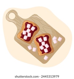 Sweet toast on kitchen board. Cartoon isolated slice of toasted bread with pieces of marshmallows for breakfast. Toasted bread with chocolate spread.Vector illustration.