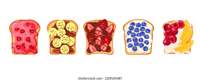 Sweet toasts with different toppings set vector illustration. Cartoon isolated slices of toasted bread with chocolate sauce, sugar jam or fresh fruit and berry, top view of sandwiches for kids