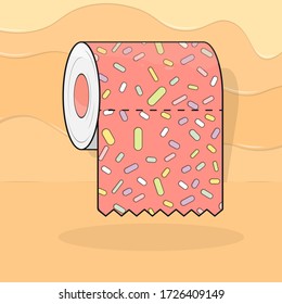 Sweet toilet paper, doughnut glaze, isolated object design template, tasty poster, background - melting toping, vector illustration