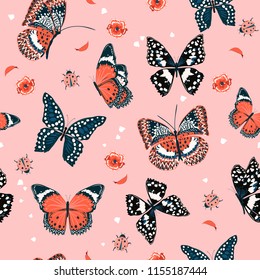 Sweet tone of Butterflies flying in the garden ,lady bug,insect seamless pattern vector scattered repeat for fashion ,fabric ,wallpaper and all prints on pink background color