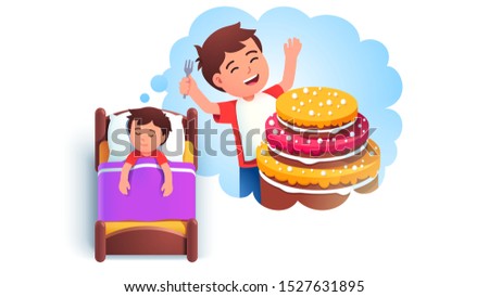 Sweet tooth boy kid sleeping in bed dreaming of eating big cake. Dream cloud with hungry kid wishing to eat huge cake. Child cartoon character lying in bed having good dream. Flat vector illustration