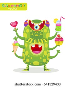 Sweet Tooth. Cute Food Monsters Vector Illustration. Funny Cartoon Character. Man Of Pleasure. Heavy Eater Vector Mascot.