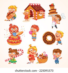 Sweet tooth. Cute toddler boy eating ice-cream. Boy soiled himself cake. Pastry chef brings sweetness. Pretty girl jump out of a large birthday cake. Gingerbread house. Funny cartoon character. Set