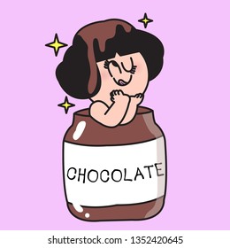 Sweet Tooth Girl Enjoy Dunking Or Dipping Herself Into A Chocolate Jar Concept Card Character illustration