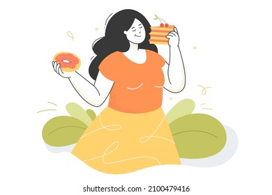 Dulce señora engordando comiendo comida poco saludable. Mujer adulta sonriente devorando torta y rosquilla y disfrutando de ilustración vectorial plana. Importancia del concepto de estilo de vida saludable