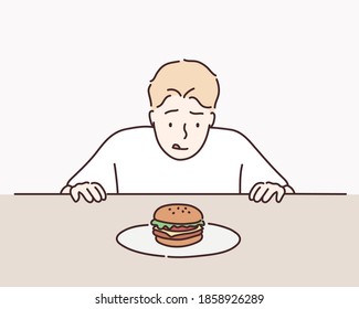 Sweet tooth man on diet tempted by hamburger. Hand drawn style vector design illustrations.