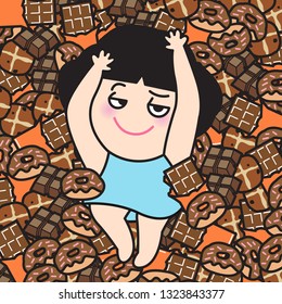 Sweet Tooth Or Sugar Addicted Girl Enjoys Laying On A Bed Of Chocolate Treats And Snacks Concept Card Character illustration