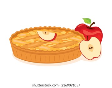 Sweet traditional Apple Pie and apples icon vector  Whole apple pie vector  Cake and apples drawing  Classic american sweet pie still life isolated white background