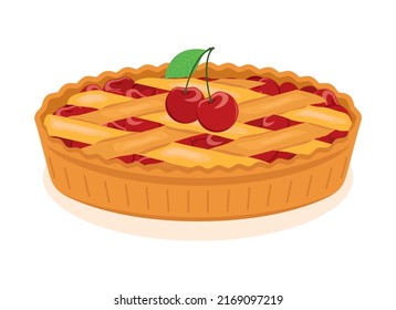 Sweet traditional fresh cherry pie icon vector. Whole sweet cherry tart icon vector. Fruit cake with cherries icon isolated on a white background