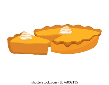 Sweet traditional pumpkin pie and whipped cream icon vector  Delicious pumpkin pie icon isolated white background  Slice cake icon vector