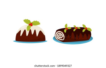 Sweet Treat and Dessert with Chocolate Roulade and Kuchen Vector Set