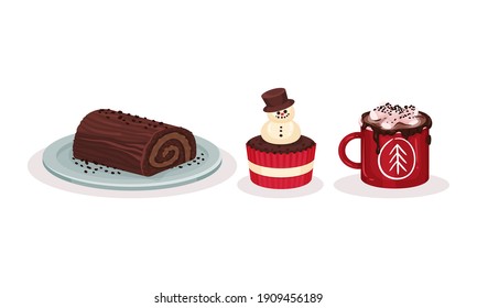 Sweet Treat and Dessert with Chocolate Roulade and Cupcake Vector Set