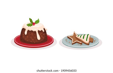 Sweet Treat and Dessert with Sugar Glazed Muffin and Gingerbread Cookie on Plate Vector Set