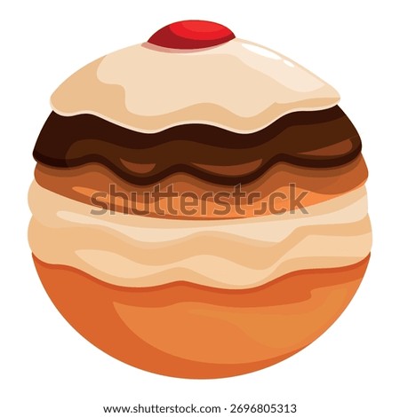 Sweet treat featuring layers of doughnut, chocolate, cream, and a cherry, perfect for satisfying sugar cravings