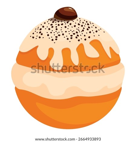Sweet treat featuring a round doughnut with chocolate sprinkles, cream, and a chocolate topping, perfect for satisfying cravings