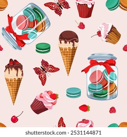 Sweet treat. Ice cream, cookie in a decorative jar and butterflies. Seamless vector illustration. For decorating textiles, packaging.