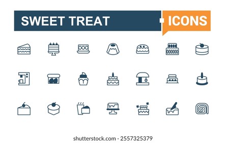 Sweet Treat icon set. Featuring celebration, cup, cupcake, sweet, candle, confectionery and more. Outline icons pack. Vector outline and solid icons collection.