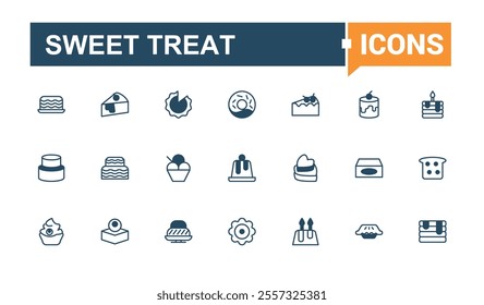 Sweet Treat icon set. Featuring celebration, cup, cupcake, sweet, candle, confectionery and more. Outline icons pack. Vector outline and solid icons collection.