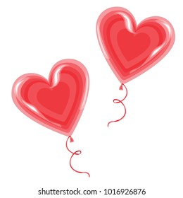 Sweet treat on a stick. Two red candies in the shape of a heart, bandaged with ribbon. Valentine's Day gift for Valentine's Day. Vector illustration.
