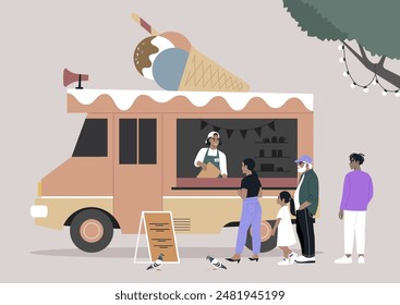 A Sweet Treat on a Sunny Day, A brightly colored food truck with an ice cream cone on top serves up cool treats to a line of happy customers