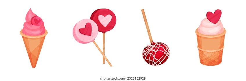 Sweet Treat and Pink Heart Dessert for Valentine Day Vector Set