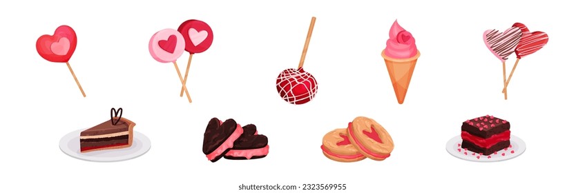 Sweet Treat and Pink Heart Dessert for Valentine Day Vector Set