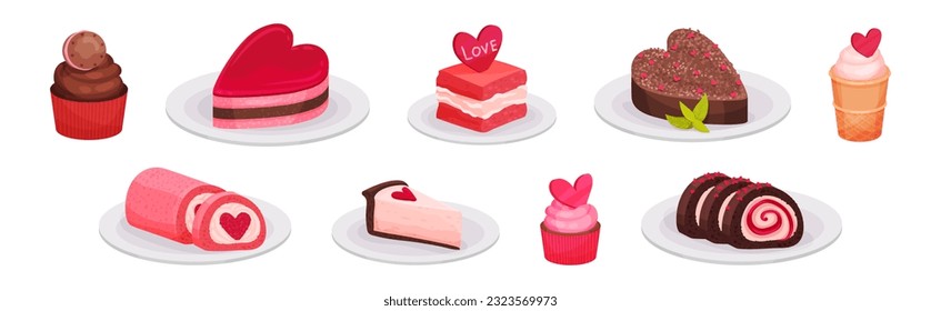 Sweet Treat and Pink Heart Dessert for Valentine Day Vector Set
