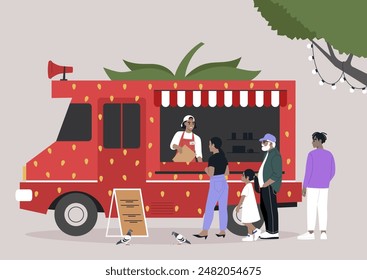 A Sweet Treat Under the Summer Sun, A brightly colored food truck shaped like a strawberry serves customers under a tree with string lights