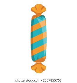 Sweet treat wrapped in cellophane showing blue and orange diagonal stripes