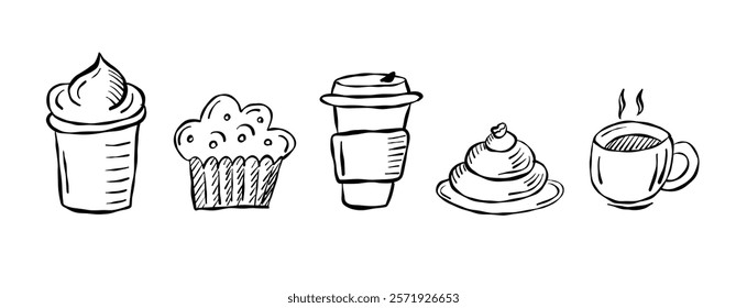 Sweet treats and beverages displayed in a stylish cafe setting with various desserts and drinks on a clean white background