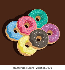 Sweet Treats Collection: A delightful assortment of six vibrant donuts, each adorned with colorful sprinkles and a glossy glaze, arranged in a captivating cluster