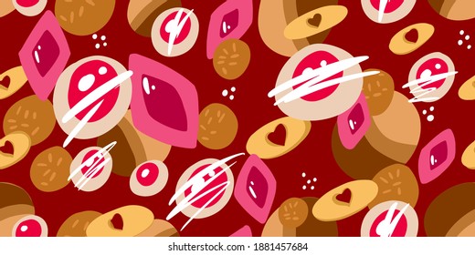 Sweet treats, cookies, candies - seamless trendy full-color pattern for design. Vector illustration. Editing is possible.