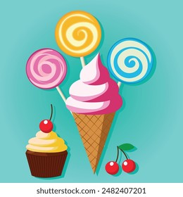 Sweet Treats Day Vector Illustration: Lollipop, Ice Cream, and Cupcake with Cherry