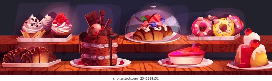 Sweet treats displayed on wooden counter - cartoon vector chocolate cake, berry cupcakes, glazed donuts and croissants. Bakery showcase with puddings, cherry pie and colorful pastries under glass dome