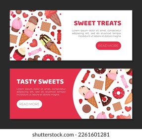 Sweet treats landing page templates set. Delicious sweets and desserts horizontal web banners cartoon vector