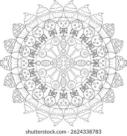 Sweet Treats Mandala Coloring Page, Uma ilustração encantadora de arte de linha preta e branca de um padrão mandala criativamente composto de cupcakes, pirulitos, doces e bonitos personagens de pirulito. Perfeito