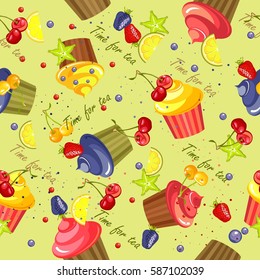 sweet treats seamless pattern of cupcakes in the glaze and berries
