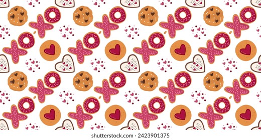 Sweet trata el diseño de concepto horizontal sin fisuras del patrón aislado. Donuts Xo-xo, galleta de café y galleta de pan de jengibre con acristalamiento de pies de tic tac. Ilustración vectorial plana de San Valentín dibujada a mano